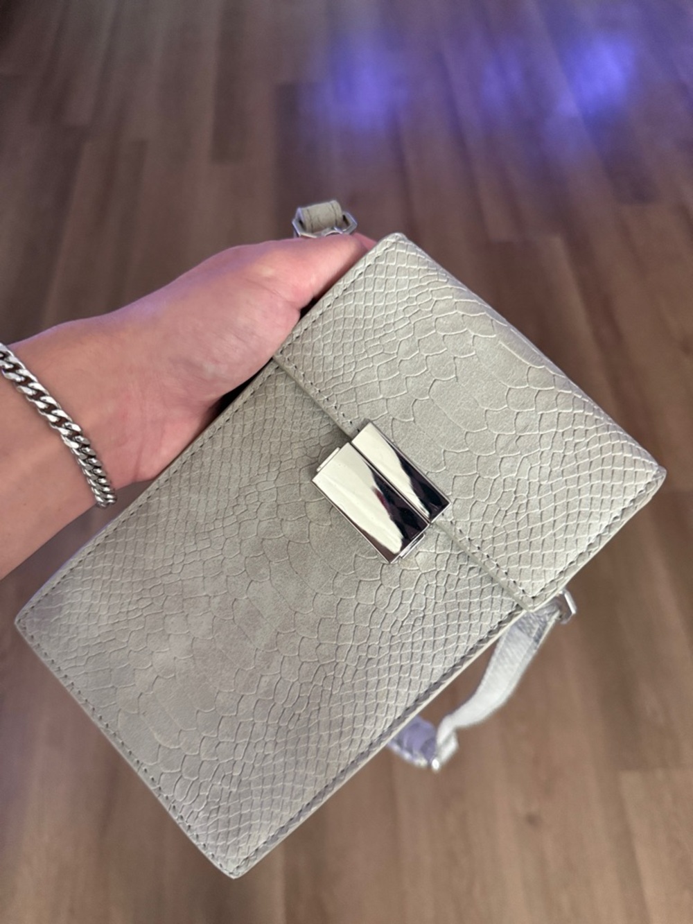 Light Gray Snake-Embossed Crossbody Bag